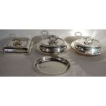 Pair of silver plate entrée dishes with a liner & one other