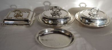 Pair of silver plate entrée dishes with a liner & one other