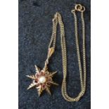 9ct gold necklace with 9ct gold star pendant with central pearl surrounded by 8 rubies - total