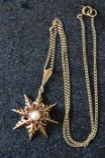 9ct gold necklace with 9ct gold star pendant with central pearl surrounded by 8 rubies - total