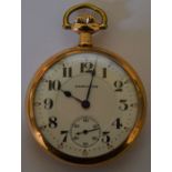 Hamilton gold plated pocket watch with engraved back with screw front & back & lever time adjustment