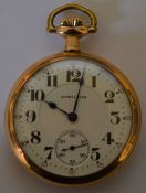 Hamilton gold plated pocket watch with engraved back with screw front & back & lever time adjustment