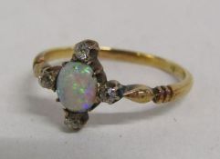 18ct gold ring with opal and diamonds - ring size O - total weight 2.1g