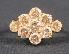 18ct gold diamond cluster ring comprised of 9 brilliant cut diamonds, total 2.520 ct, 3g, size I