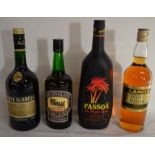 Bottle of Lang 70% proof whisky, bottle of Three Barrels brandy, bottle of Old England sherry & a