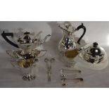 Three piece silver plate tea set, silver plate hot water jug & milk jug, muffin dish etc