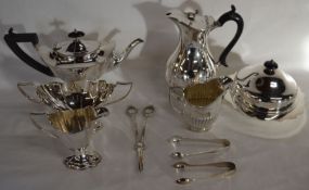 Three piece silver plate tea set, silver plate hot water jug & milk jug, muffin dish etc