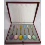 Cased set 6 Denmark sterling silver spoons with shell design enamelling