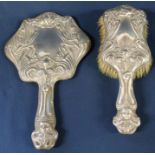 Edwardian silver mounted hair brush and hand mirror, Birmingham 1927 with embossed Art Nouveau style