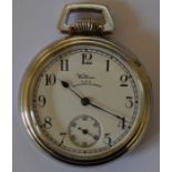 Waltham pocket watch in a chrome plated case with engraved locomotive on rear with lever time set