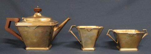 Art Deco silver 3 piece tea service, William Neale Ltd Birmingham 1935 with composition finial &