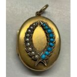 Victorian tested as between 9 and 14ct gold locket with turquoise and pearl decoration 32mm x 24mm