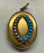 Victorian tested as between 9 and 14ct gold locket with turquoise and pearl decoration 32mm x 24mm