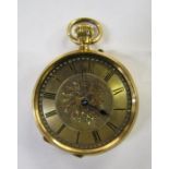 18kt gold pocket watch (missing crystal) placed in a Bowman Limited London case - approx. 4.4cm dia.