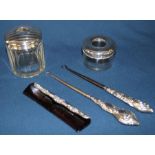 2 glass dressing table pots with silver lids Birmingham 1915 / 1919 (one pot later) & 2 silver