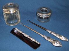 2 glass dressing table pots with silver lids Birmingham 1915 / 1919 (one pot later) & 2 silver