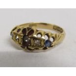 18ct gold 5 stone gypsy style ring set with 2 outer diamonds, centre cubic zirconia stone and blue
