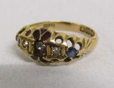 18ct gold 5 stone gypsy style ring set with 2 outer diamonds, centre cubic zirconia stone and blue