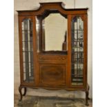 Maple & Co London Edwardian double display cabinet with central mirror, beveled glass & inlaid