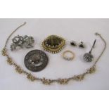 Collection of costume jewellery including ring, necklace, Scottish silver brooch and silver napkin