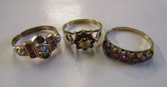 3 ladies rings - 9ct gold with faux pearl, red and green stones total weight 1.9g ring size L/M -