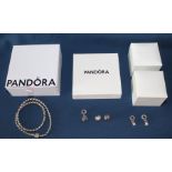 Pandora leather bracelet & silver charms (with boxes)