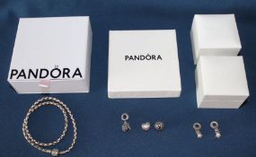 Pandora leather bracelet & silver charms (with boxes)