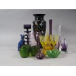 A Victorian enamel decorated vase, 11 1/4" high, a pair of vaseline glass vases, a vaseline glass