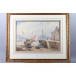 C E D Waring, watercolours, sailing boats in a harbour, 12 1/2" x 18", in gilt strip frame