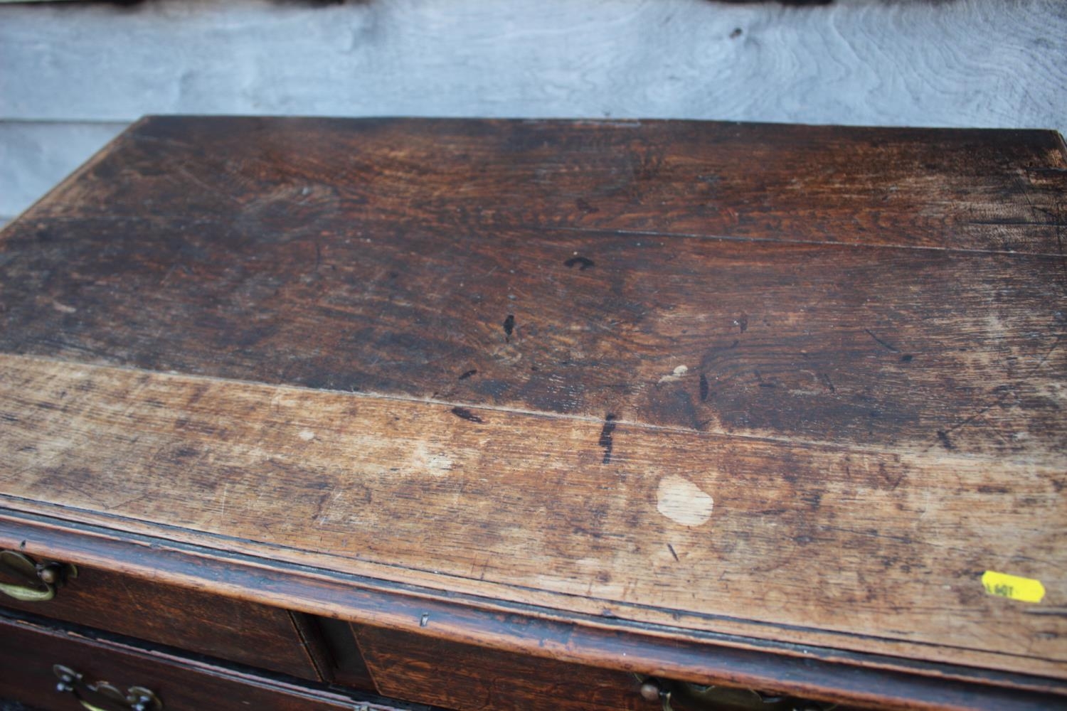 An 18th century oak chest of two short and three long graduated drawers with brass handles, on - Image 6 of 12