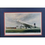 Terry Harrison: a signed colour print "Concorde", a black and white print, "HMS Modeste" and six