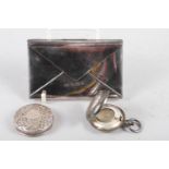 An engraved silver plated sovereign case, a silver envelope card case and a silver toilet jar lid