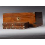 A walnut and brass mounted writing box with fitted interior, 16" wide, and a rosewood box, 9 1/2"
