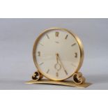 An Imhof 1960 gilt cased mantel clock with alarm movement, 7" high