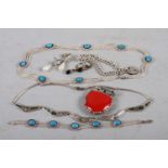 A silver bracelet with lock, a silver and turquoise necklace and matching bracelet, a silver and