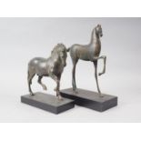 A Greek style spelter model of a stallion, on a rectangular base, 10" high, and a similar model of a