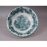 A 19th century Davenport green and white bowl with figure landscape decoration, 15" dia