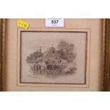 GD Leslie: monochrome study of water mill, 4" x 5 1/4", in gilt strip frame