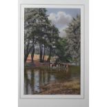 Hugh M Crowther, July 1950: pastels, landscape with river, 15" x 10", in oak strip frame, and a