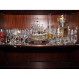 A quantity of glassware, including a yellow and clear cut glass goblet, 7" high, pedestal glasses,