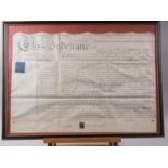 An early 19th century indenture, in Hogarth frame, and various other pictures