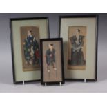 Three 19th century Japanese watercolour and bodycolours on silk, figures in traditional costumes,