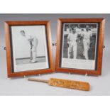 A pair of black and white prints, Denis Compton, in maple frames, and a miniature cricket bat,