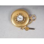 A Dent 18ct gold cased half hunter pocket watch, key would movement 24707, in leather travelling