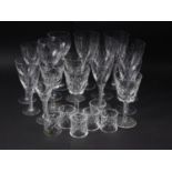 A set of four Waterford wine glasses, a set of four Stuart Crystal air twist stem wines, other wines