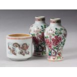 A pair of Chinese porcelain famille rose floral decorated oviform vases, 7" high, and a Chinese