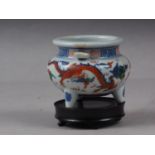 A Chinese porcelain polychrome miniature incense burner, six character mark to base, 2 1/8" high (