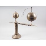 A 1920s Anglo-Indian design patinated brass hand-operated sun, earth and moon orrery, 18" high