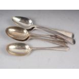 A pair of early 18th century Scottish silver bottom marked rattail spoons and another, and two Old