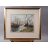 Ken Messer: watercolours, autumnal scene, 8 1/2" x 11 2/2", in gilt frame, a lithograph, bridge in